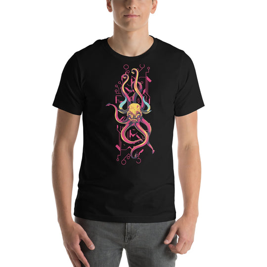 Unisex t-shirt featuring a demon skull with horns and tentacles, in black.