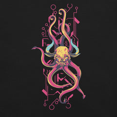 Unisex t-shirt featuring a colorful demon skull with horns and tentacles design on a dark background.