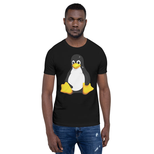 A young man wearing a black T-shirt with the image of tux, the Linux mascot