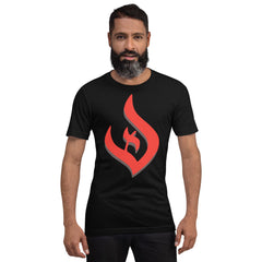 Unisex t-shirt with red flame logo symbolizing deism and intellectual pursuit.