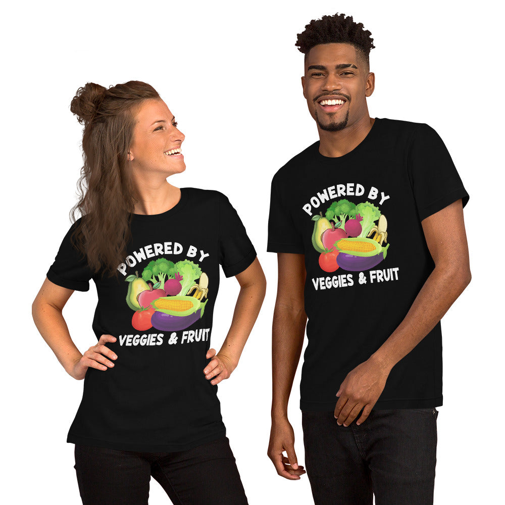 Unisex t-shirt with "Powered by Veggies & Fruit" design, soft cotton, black color.