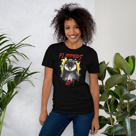 Unisex t-shirt with "Flippers Up" design, featuring a cartoon penguin.