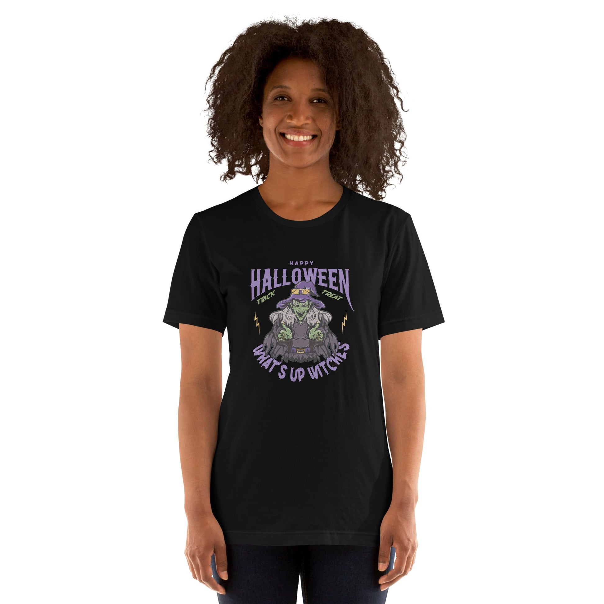 Unisex black t-shirt with "What's up witches" Halloween graphic design.