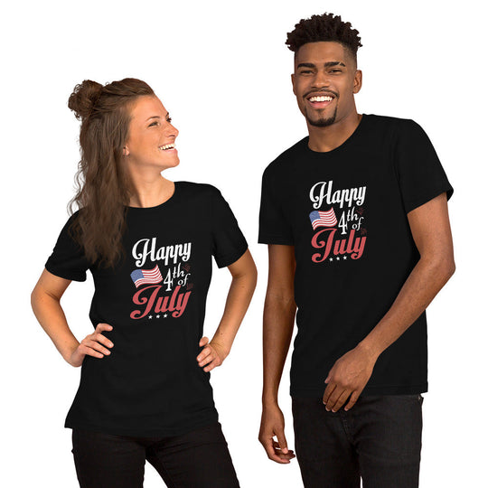 Unisex black t-shirt with "Happy Fourth of July" design for Independence Day celebrations.