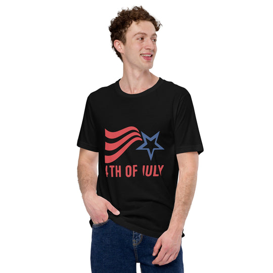 Unisex t-shirt with Fourth of July design, featuring red stripes and blue star on black fabric.
