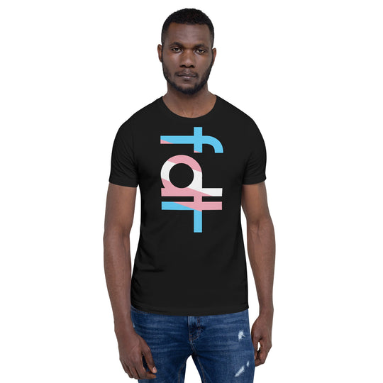 Unisex t-shirt with "fdt" design in trans flag colors, soft and lightweight fabric.