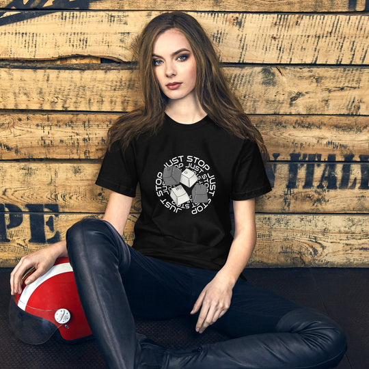 Unisex t-shirt with "Just Stop" key caps design, casual wear, comfortable and stylish.