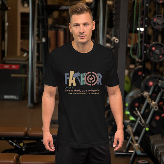 Dark unisex "Fathor - Like a dad, but mightier" t-shirt, perfect for Father's Day, shown on a man in a gym setting.