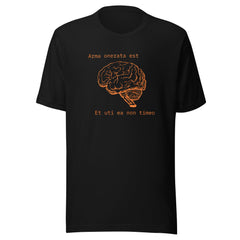 80s style mainframe brain scan in glowing amber monochrome with Latin text on black background