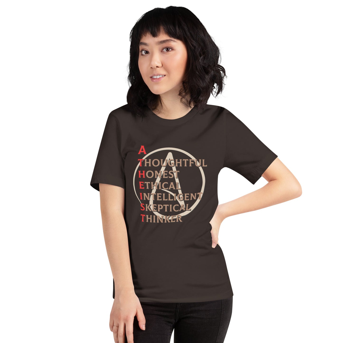 Unisex t-shirt with "Atheist" spelled out, featuring words highlighting critical thinking values.