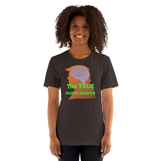 The TRUE Gulf of America unisex t-shirt in black color with graphic design of a brain and text on the front.