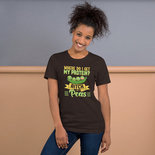 Bitch, Peas Unisex t-shirt with playful protein message, worn by a smiling person.