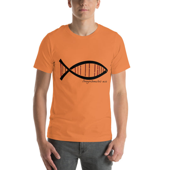 Unisex t-shirt with DNA fish symbol design, orange color, made from comfortable cotton.