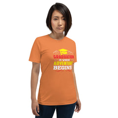 Unisex t-shirt with "Graduation is where adventure begins" slogan, perfect for comfortable and stylish wear.