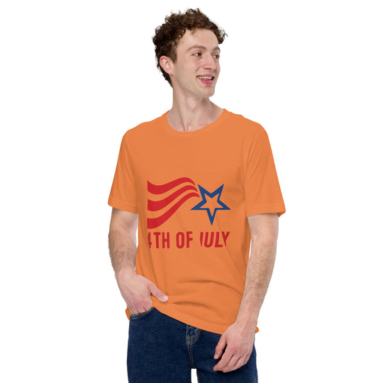 Unisex t-shirt with Fourth of July design, featuring red stripes and blue star, worn by a smiling person.