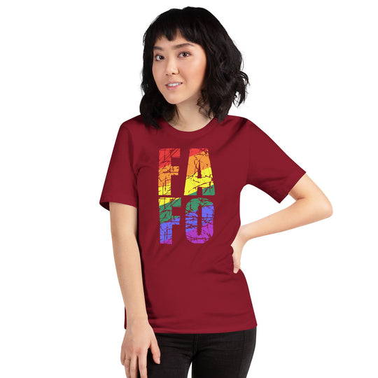 Unisex t-shirt with rainbow FAFO text design, soft and lightweight fabric.
