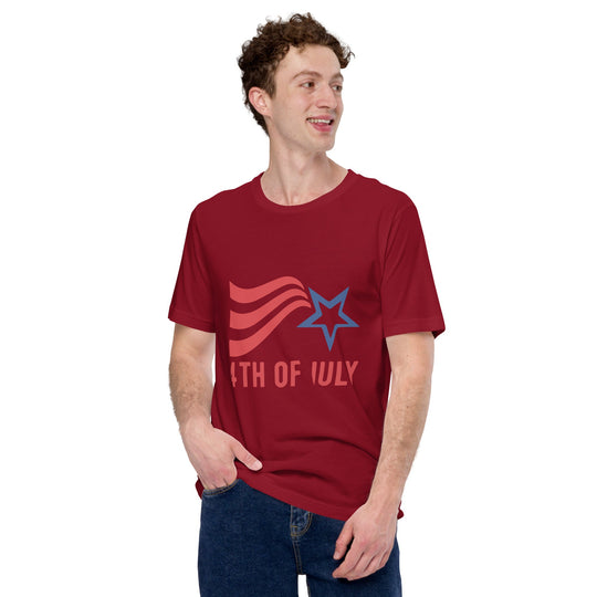 Unisex t-shirt with Fourth of July stripes, red with blue star and white text design.
