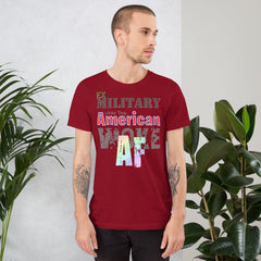 Ex Military Woke AF t-shirt for veterans in red, unisex design, suitable for dark shirts.