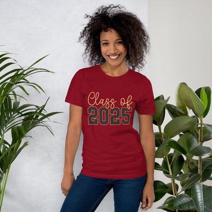 Class of 2025 unisex red t-shirt, soft and lightweight, ideal for graduation.