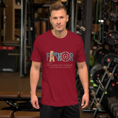 Unisex dark t-shirt with "Fathor - Like a dad but mightier" design, ideal for Father's Day.