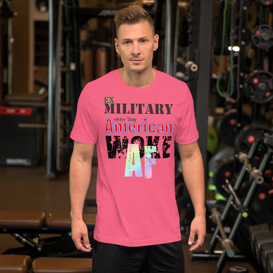 Ex Military Woke AF pink unisex t-shirt with American flag design, soft and lightweight for all-day comfort.