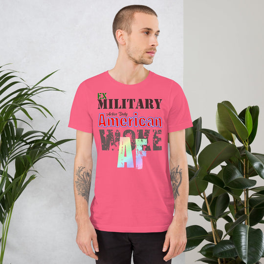 Ex Military Woke AF t-shirt for dark shirts, unisex, modeled scene.