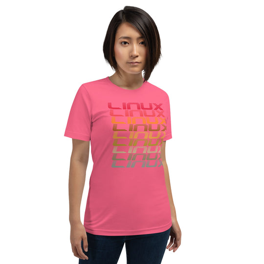 Unisex pink t-shirt featuring multicolor Linux operating system design.