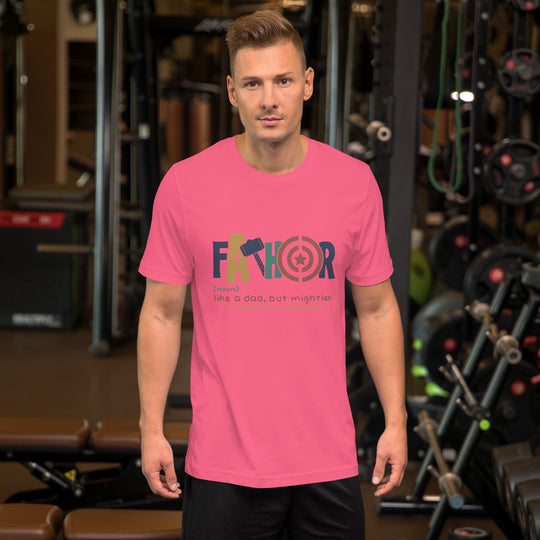 Unisex t-shirt with "Fathor - Like a dad, but mightier" design, worn by a male model in a gym setting.