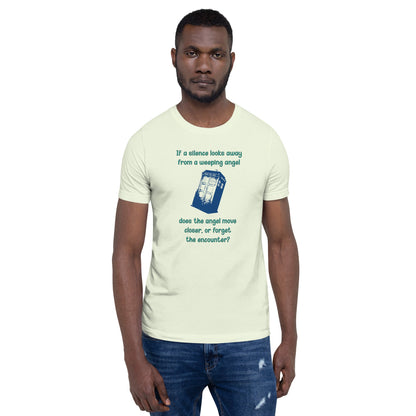 Dr Who Silence vs Weeping Angel unisex t-shirt featuring a unique design of the Silence and a Weeping Angel with a question mark in between, made of high-quality cotton.