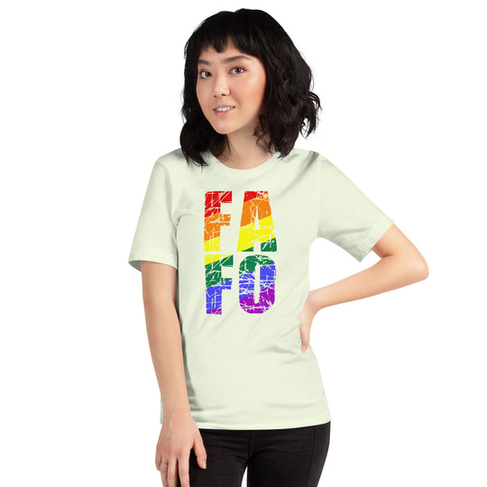 Unisex t-shirt with rainbow FAFO design, soft and lightweight fabric.