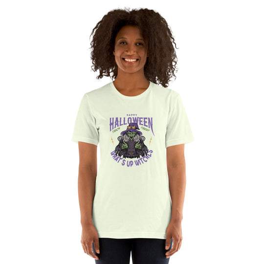 Unisex t-shirt with "What's up witches" Halloween design, lightweight and soft fabric.