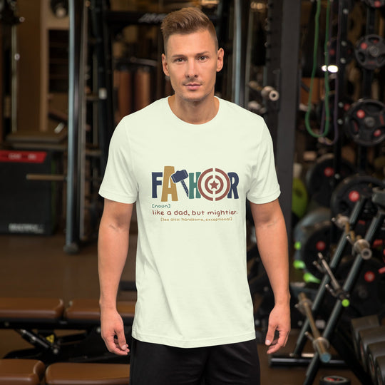 Unisex light t-shirt featuring "Fathor - Like a dad, but mightier" design, perfect for Father’s Day.