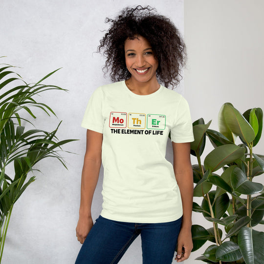 Unisex light t-shirt with "Mother - the Element of Life" print, worn by smiling person, featuring soft, lightweight material.