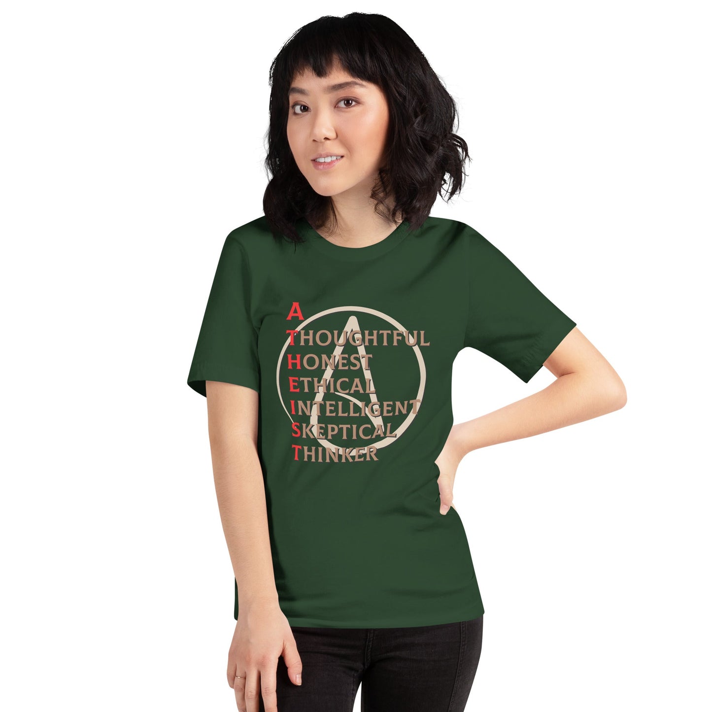 Unisex atheist t-shirt with bold symbol and empowering words.