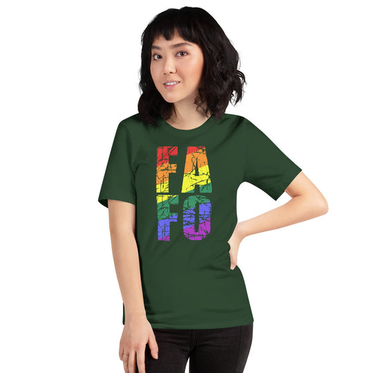 Unisex t-shirt with rainbow FAFO design, soft and lightweight, perfect for all.