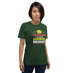Unisex t-shirt in green with "Graduation is where adventure begins" printed on front.