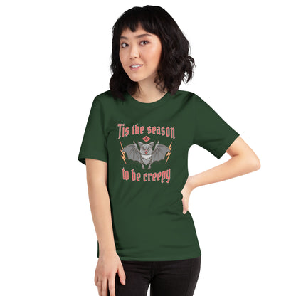 Unisex Halloween t-shirt with creepy bat design, soft and comfortable.