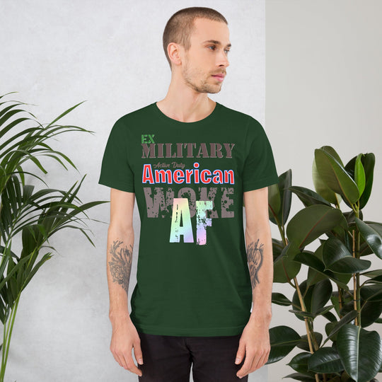 Ex Military Woke AF dark green unisex t-shirt with bold text design.