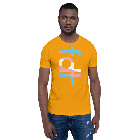 Unisex t-shirt with "fdt" in trans flag colors on yellow background.