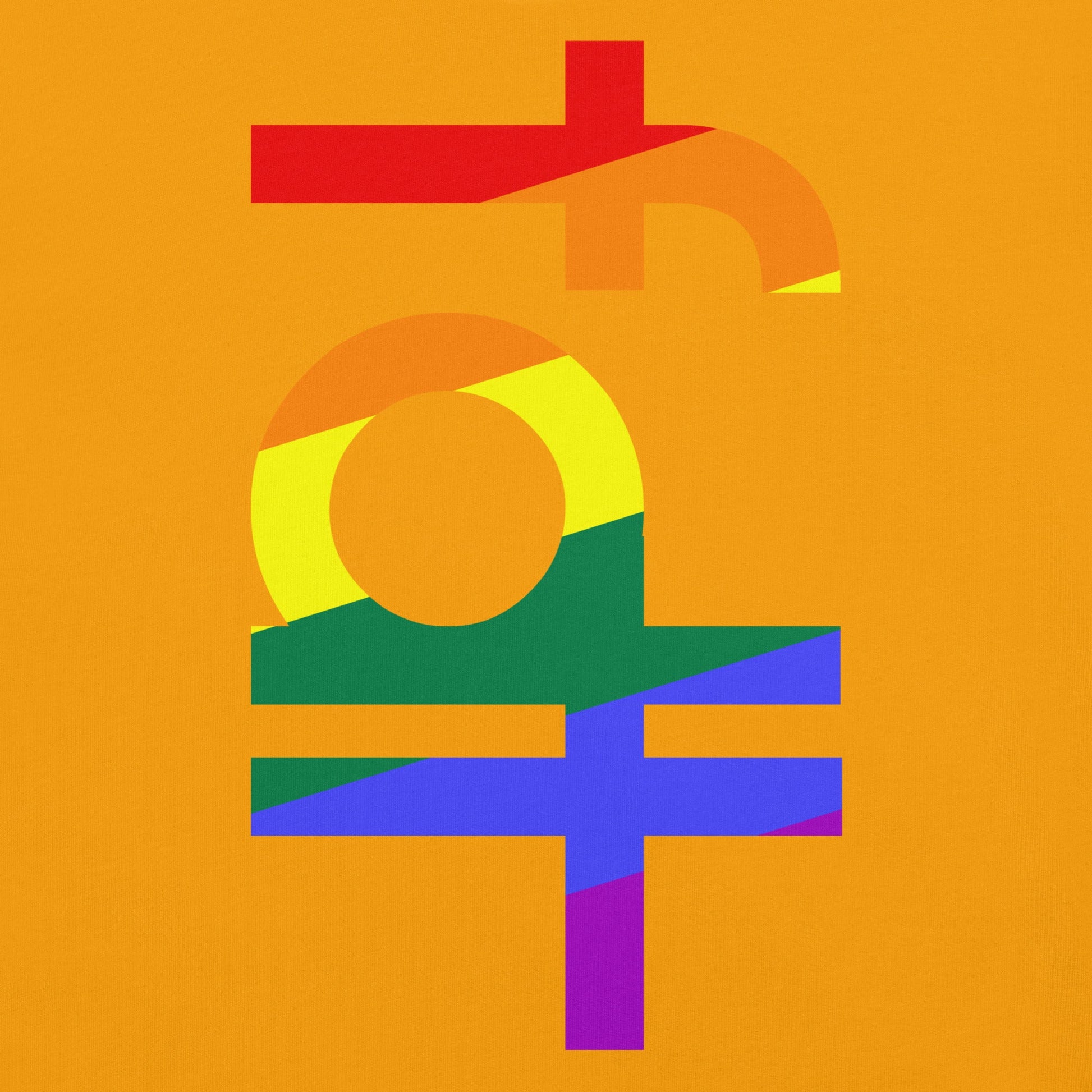Unisex t-shirt with fdt design in pride colors on an orange background.