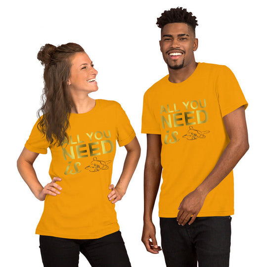 Unisex t-shirt with "All you need is cats" design in orange, worn by two models smiling.