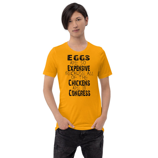 Black unisex t-shirt with humorous Congress and chicken quote, worn by model.