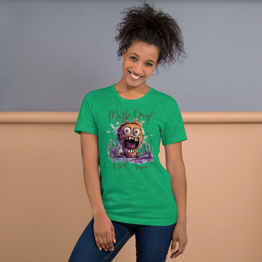 Unisex t-shirt with "Perhaps Decaf Next Time?" graphic, woman smiling, green color, relaxed fit.