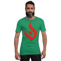 Unisex t-shirt with red flame logo symbolizing deism and intellectual pursuit, made from soft fabric for comfort.