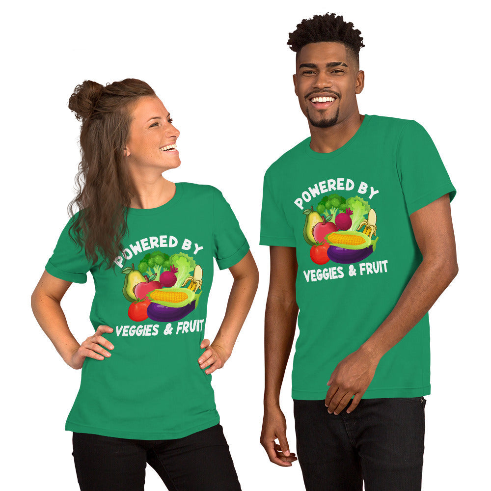 Unisex t-shirt with "Powered by Veggies & Fruit" design, vibrant green color, soft and lightweight.