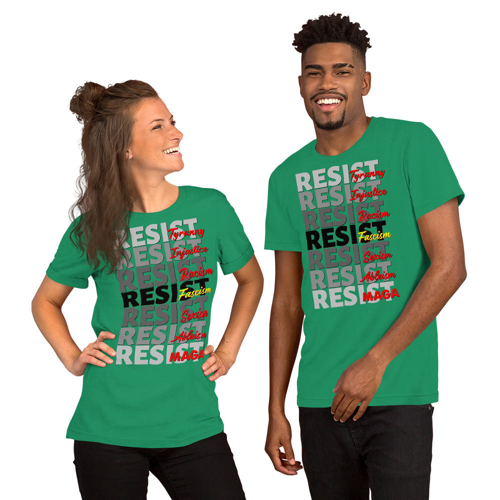 Unisex t-shirt with "Resist" design in gray shades, highlighting issues like "Injustice" and "Racism".