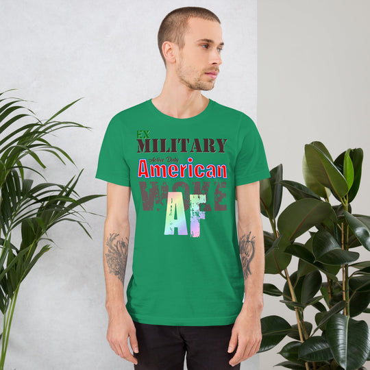 Unisex t-shirt for ex-military, "Woke AF" design, green color.