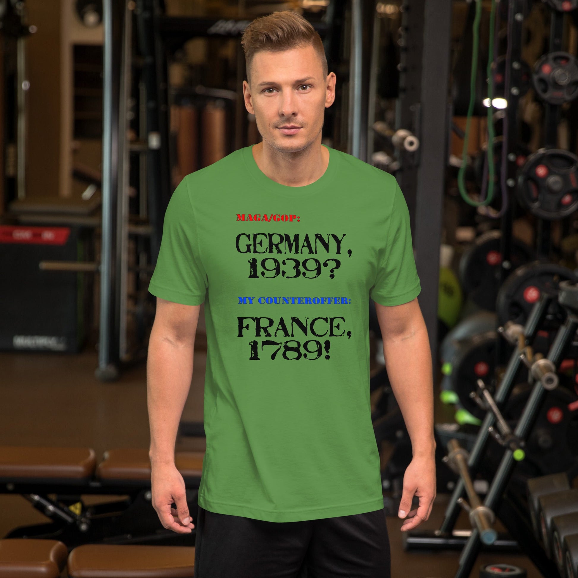 Unisex t-shirt featuring Germany and France historical dates design in gym setting.