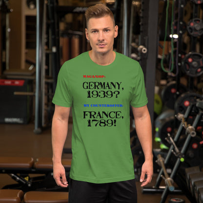 Unisex t-shirt featuring Germany and France historical dates design in gym setting.