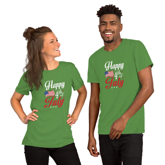 Unisex Fourth of July t-shirt, green, with "Happy 4th of July" design, worn by a smiling couple.